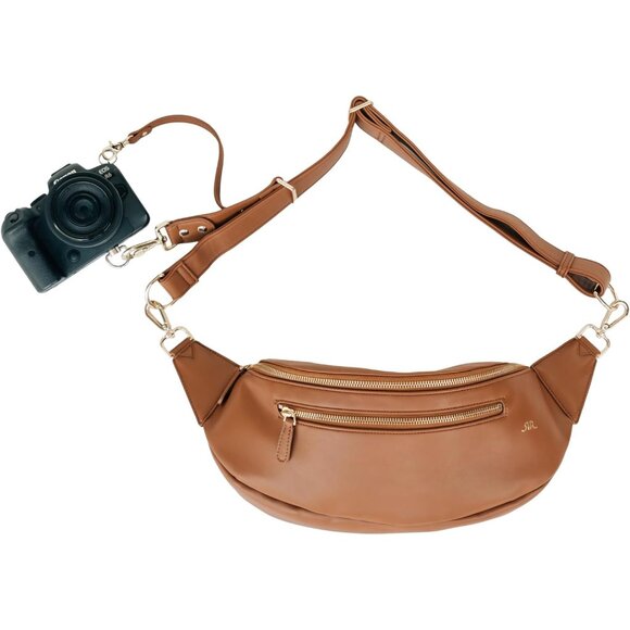 Stylish Vegan Leather Camera Sling Bag - Hands-Free & Compact Design, Brown - Picture 1 of 8